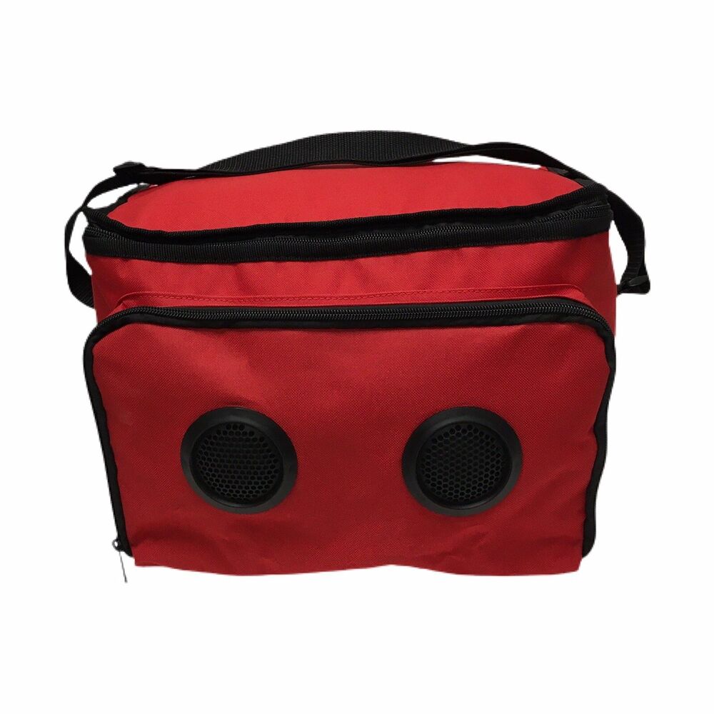 14”x8”x9” Soft Sided Red Cooler Bag With Speakers, Adjustable Carrying Strap